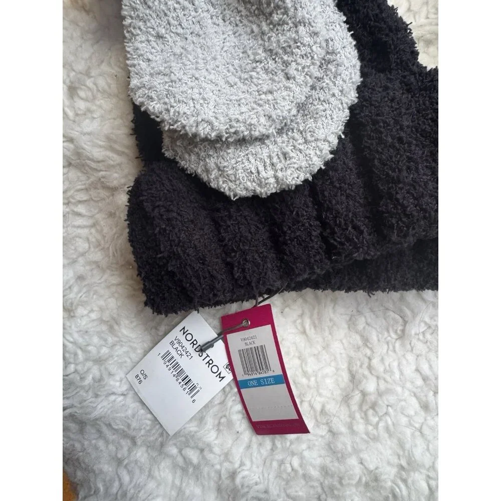Vince Camuto Plush Beanie Hat & Mitten Glove Gift Set Black Gray Nordstrom NEW